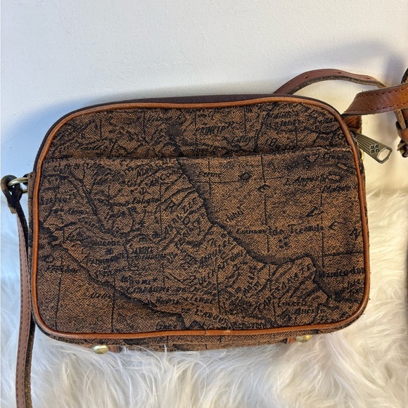 Patricia Nash Brown World Map Velvet Cross Over Leather Trim Purse - Picture 2 of 11